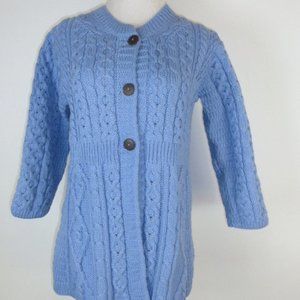 Kilronen Irish Aran Cardigan blue merino wool cable knit chunky sweater XS